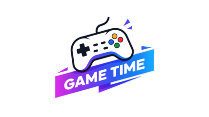 A white game controller on a gradient banner with the words game time on a black background image
