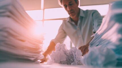 Businessman Discarding Crumpled Documents in Modern Office Setting