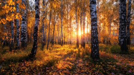 Golden Autumn Light Through Slender Birch Trees in Forest