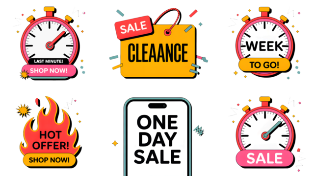 A collection of sale stickers including timers, fire and a phone with one day sale text