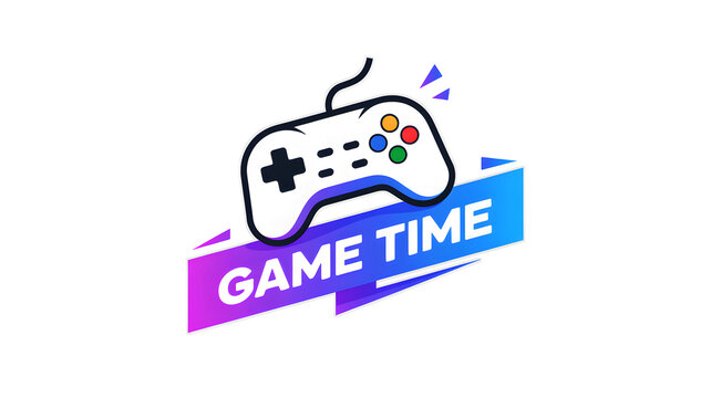 A white game controller on a gradient banner with the words game time on a black background image