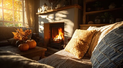 Cozy Autumn Living Room with Crackling Fire and Warm Decor