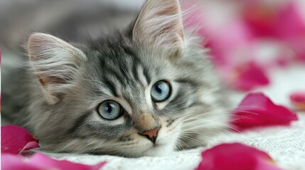 Cute Longhaired Gray Tabby Kitten with Bright Blue Eyes and Flowers