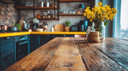 Cozy Natural Wooden Table with Visible Grain and Warm Ambiance