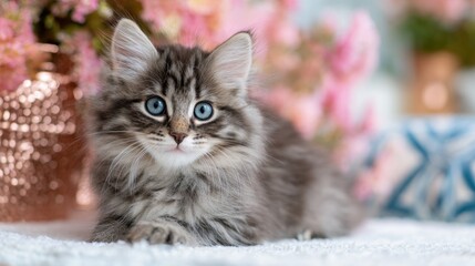Cute Longhaired Gray Tabby Kitten With Bright Blue Eyes