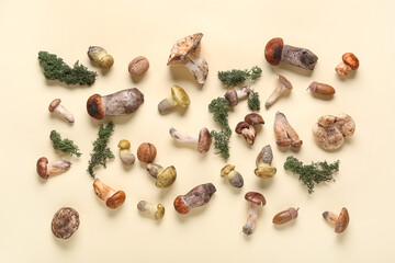 Composition with autumn mushrooms and moss on beige background