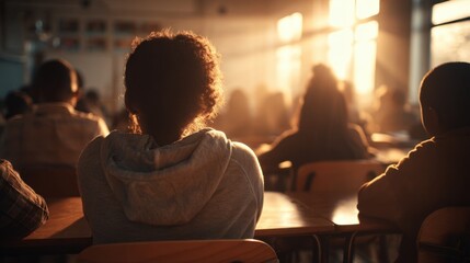 Diverse Students Seated at Desks in Classroom During Sunset Glow