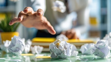 Frustrated Businessman Tosses Crumpled Paper in Office Environment