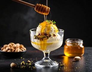 A sweet and healthy closeup of a glass of honey and fresh apple slicesA sweet and healthy closeup of a glass of honey and fresh apple slices