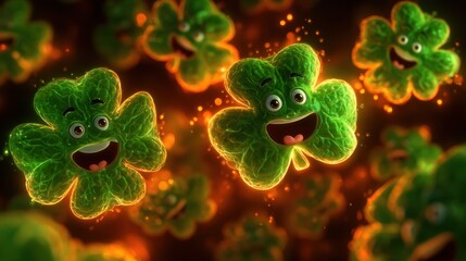 Cheerful Green Shamrock Characters with Expressive Eyes and Smiles