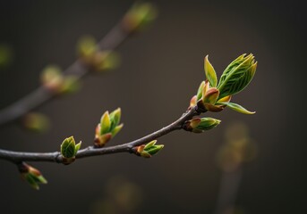 Delicate buds unfurl on a branch, promising new life and the vibrant arrival of spring. This tiny, unfurling greenery embodies renewal and subtle natural beauty ,environment ,green ,development