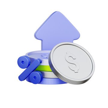 3D icon of stacked coins with a percentage sign and growth arrow For representing savings interest growth, investment return increase, and financial appreciation.