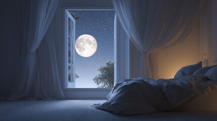 Obraz premium Serene Bedroom View at Night with Full Moon Through Open Window