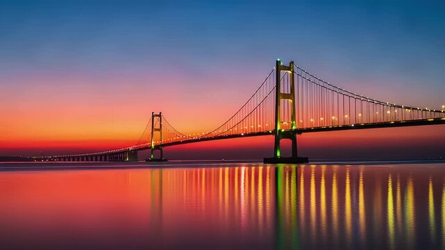 Grand suspension bridge illuminated at twilight, casting vibrant golden reflections on calm waters, set against a breathtaking gradient sky, a serene engineering marvel