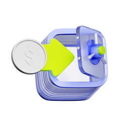 3D icon of a coin entering an open safe box via an arrow For secure deposits, adding funds to a savings vault, making safe investments, and wealth protection.