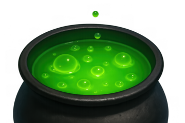 Black cauldron brewing green magic potion with bubbles and drops for halloween, sorcery, witchcraft, fantasy, toxic