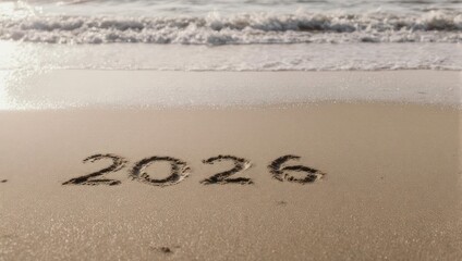 2026 written in the sand on a beach with waves.