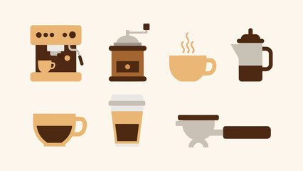 A minimalist collection of kitchen icons for coffee preparation and cafe beverages