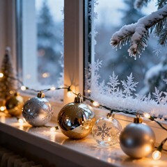 크리스마스창가장식과따뜻한전구조명겨울아침풍경