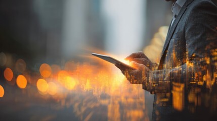 Close-up of a businessman holding a tablet in an urban setting