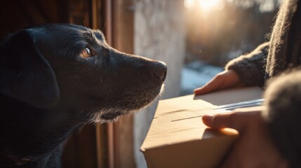Heartwarming Scene of Delivery: Person Handing Package to Dog