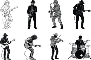 Stylized black and white vector illustration of diverse musicians performing with instruments like guitar, saxophone, violin, and drums on stage