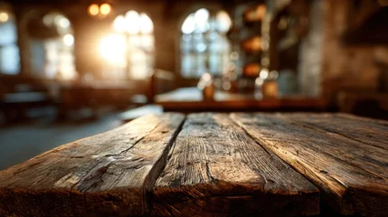 Rustic Wooden Table in Cozy Medieval Tavern with Soft Lighting © jiraporn