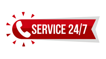 A red banner with a phone icon and the text service and the numbers twenty four seven on it