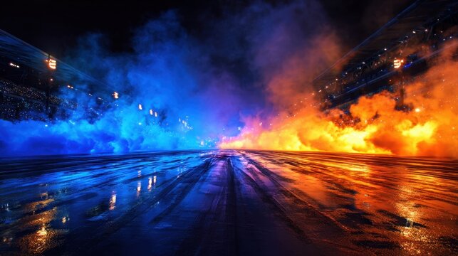 Nighttime Car Race Scene with Illuminated Smoke and Vibrant Colors