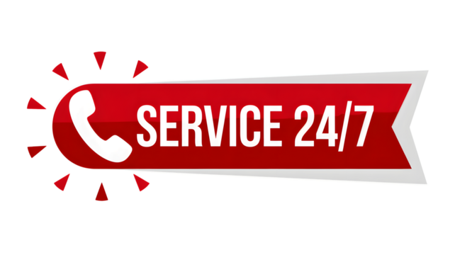 A red banner with a phone icon and the text service and the numbers twenty four seven on it