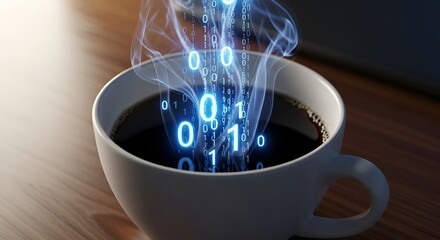 Digital binary code emitting from a cup of coffee