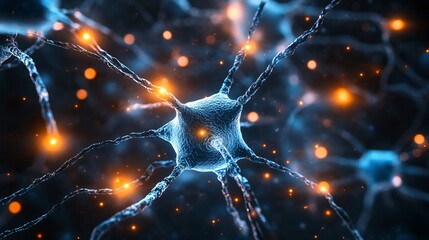 Stunning neuron cell with vibrant orange synapses firing, illuminating neuroscience research and breakthroughs in medical technology for healing minds