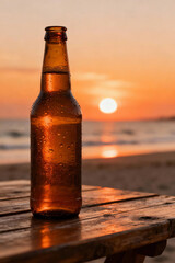 Close-up of a cold beer bottle with condensation on a rustic wooden table at a vibrant sunset beach with ocean waves and golden light.