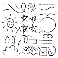 Collection of hand drawn doodle shapes and lines on white background