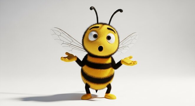 Fluffy 3D cartoon bee character looking surprised or confused with arms out in a shrug gesture, expressing uncertainty, doubt, or a question mark.