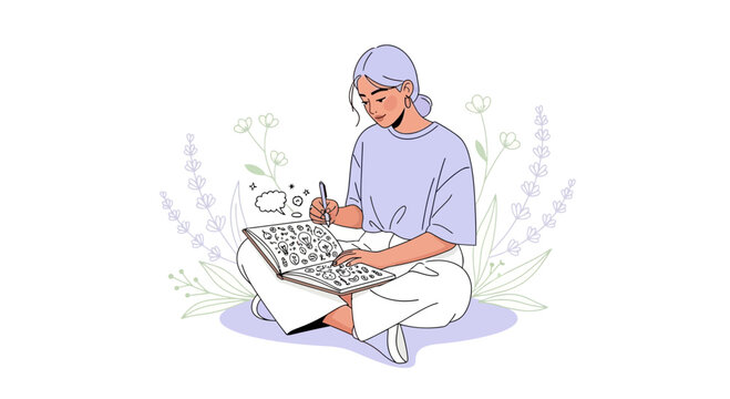 Creative Young Woman Sketching Ideas In Her Journal With Floral Accents and Thought Bubbles - Powered by Adobe