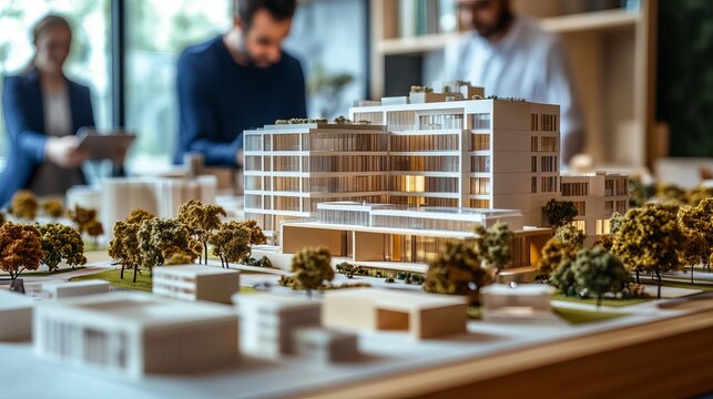 Architects collaborating on a modern building design model in a bright, contemporary office setting, showcasing professional teamwork and innovation.