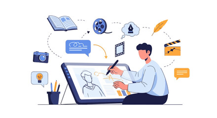 Creative Process Depicted In Illustration With Digital Tablet And Associated Elements