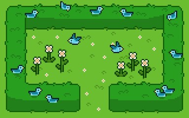 8-bit pixel art illustration of a garden patch with cute blue birds, green grass and white flowers. Ideal for retro game themes, nature-inspired projects, background, wallpaper