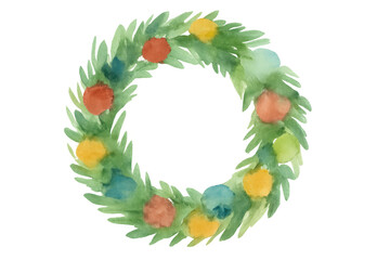 Christmas wreath watercolor illustration with colorful ornaments decorating evergreen branches for winter holidays