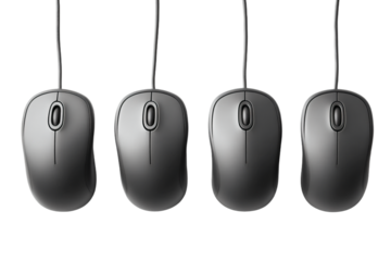 a row of four computer mouses hanging from a wire