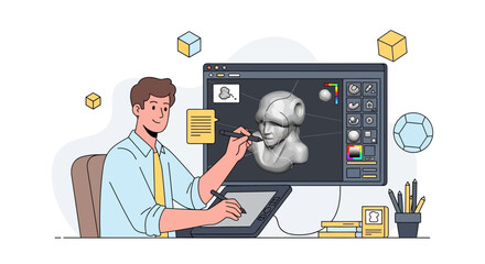 Digital Artist Using Graphic Tablet Sculpting 3D Models in Creative Software