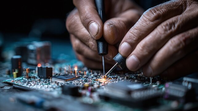 Electronics engineer repairing intricate circuit board, a modern technology solution for data processing and engineering innovation with skillful hands - Powered by Adobe