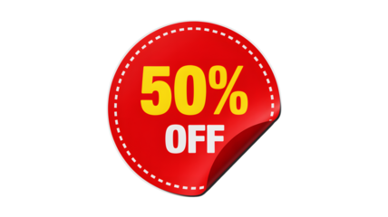 A red circular sticker with a white dotted border displaying a bright yellow fifty percent off text