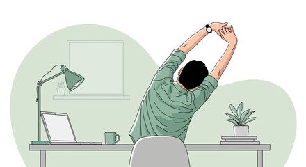 Employee Stretching At Desk, Work-Life Balance In Cozy Home Office Illustration