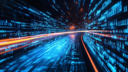 Experience the exhilarating rush of digital data flowing at light speed through a futuristic neon tunnel, perfect for tech innovation and AI concepts.