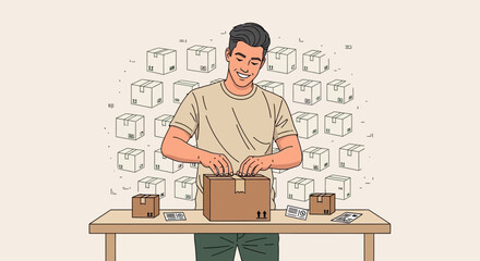 Happy Man Unpacking: A Shipping Illustration for E-Commerce and Sales Business