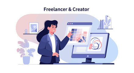 Empowered Freelancer Designing And Creating Visuals On A Digital Desktop Workspace