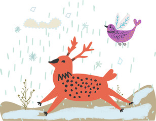 christmas card with reindeer and bird