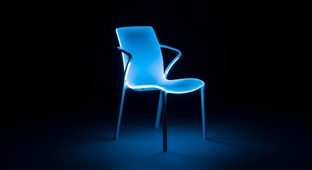 Glowing blue chair against a black background, artistic studio shot